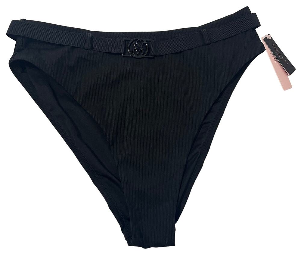 6-75 VICTORIA'S SECRET NWT $34.95 High Waist Ribbed Bikini Bottoms Black Large